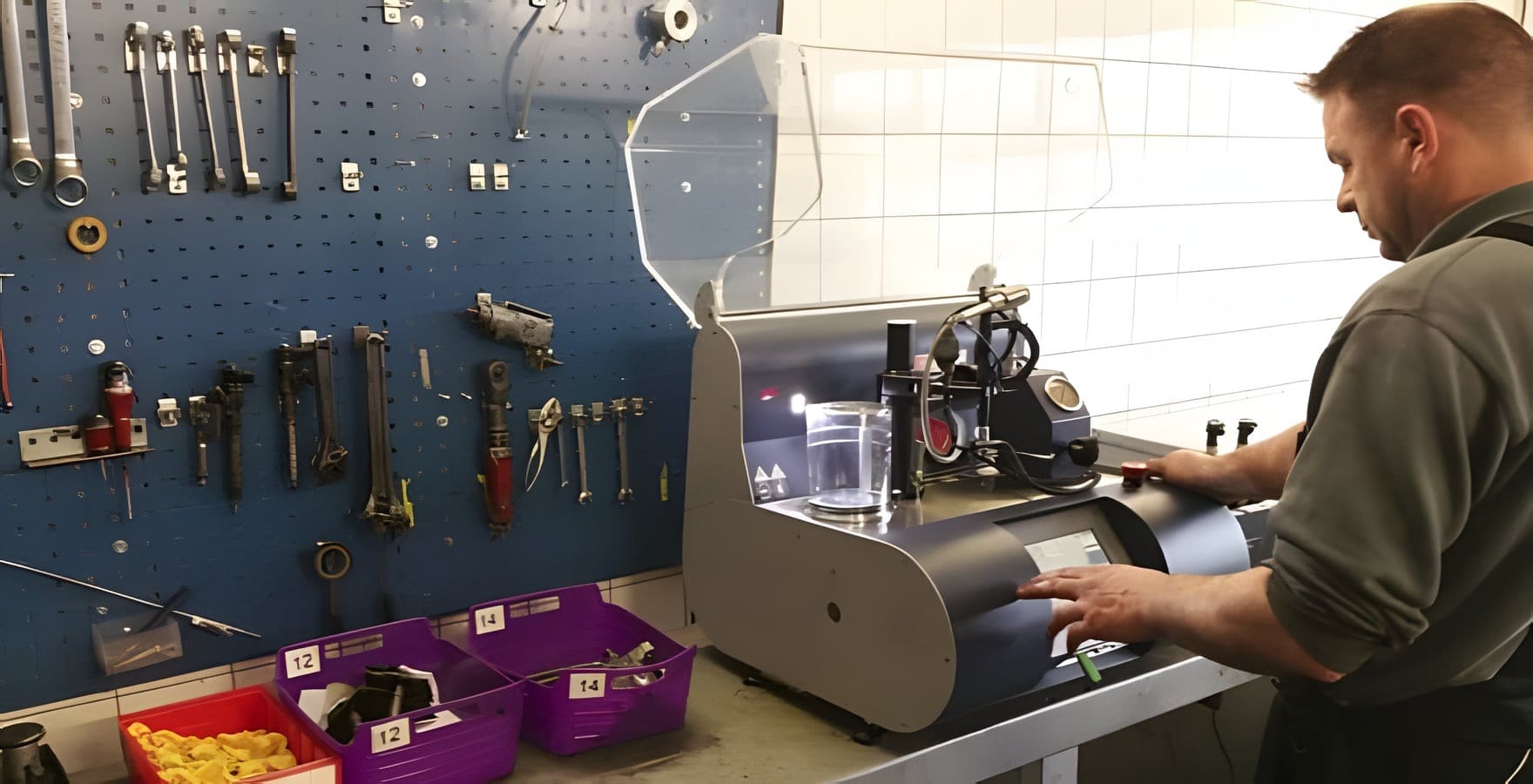 Monteur bedient de injectorentester naast een gereedschapsbord met injectoren